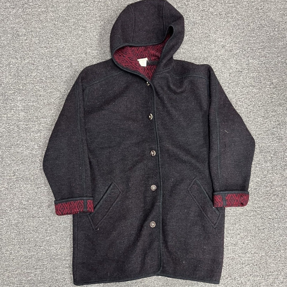 L.L. Bean Hooded Coat Womens Large Charcoal Red Wool Made in Austria Vintage